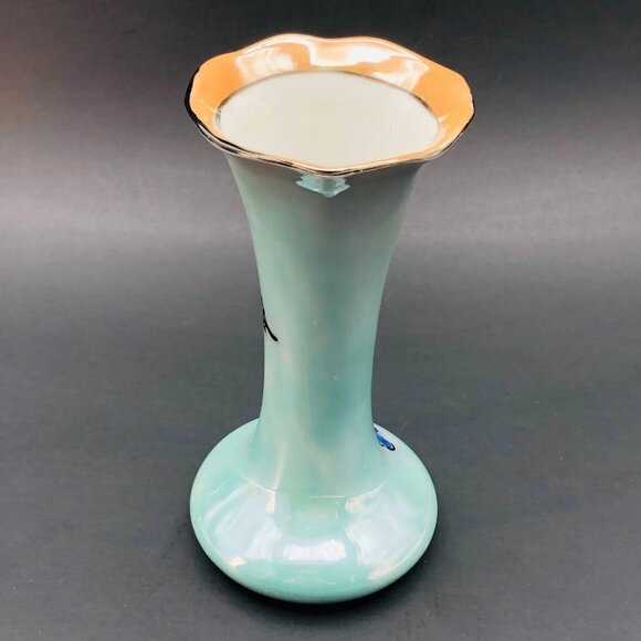 Art Deco Era Noritake Morimura Bud Vase Turquoise Peach Lustreware Butterflies - Picture 2 of 13